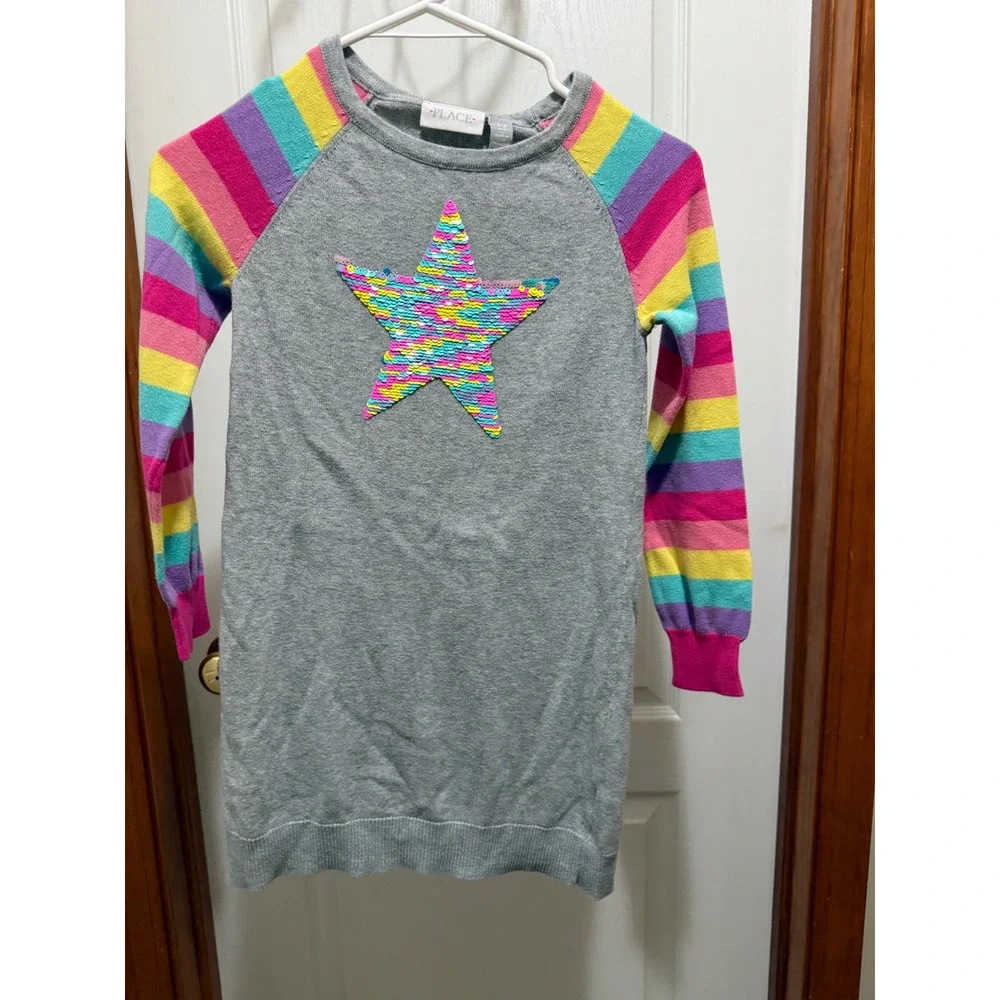 The Childrens Place Girls Rainbow Stripe Sequin Star Sweater Dress Grey Size 7/8
